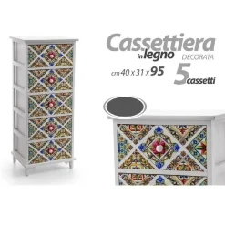 CASSETTIERA 5 CASSETTI COMODINO LEGNO DESIGN BIANCO MEDITERRANEO 40X31X95CM 829383