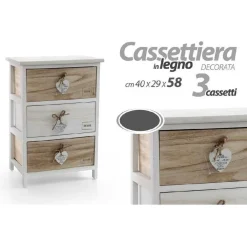 CASSETTIERA CON 3 CASSETTI 58X40X29CM CUORE BIANCO LEGNO NATURALE CASA MODERNO