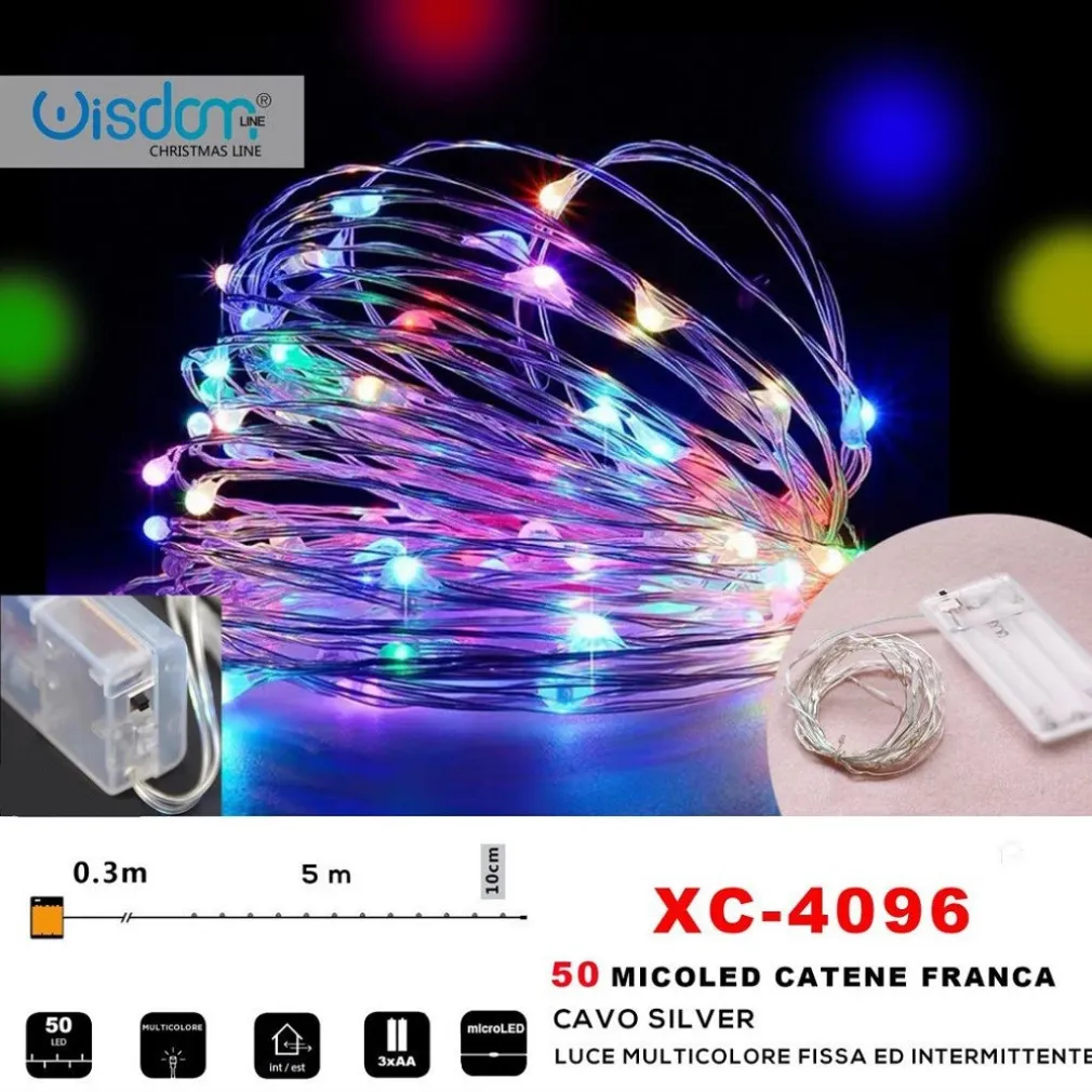 CATENA 50 MICROLED A BATTERIA LUCE MULTICOLORE FISSA + INTERMITTENTE XC-4096