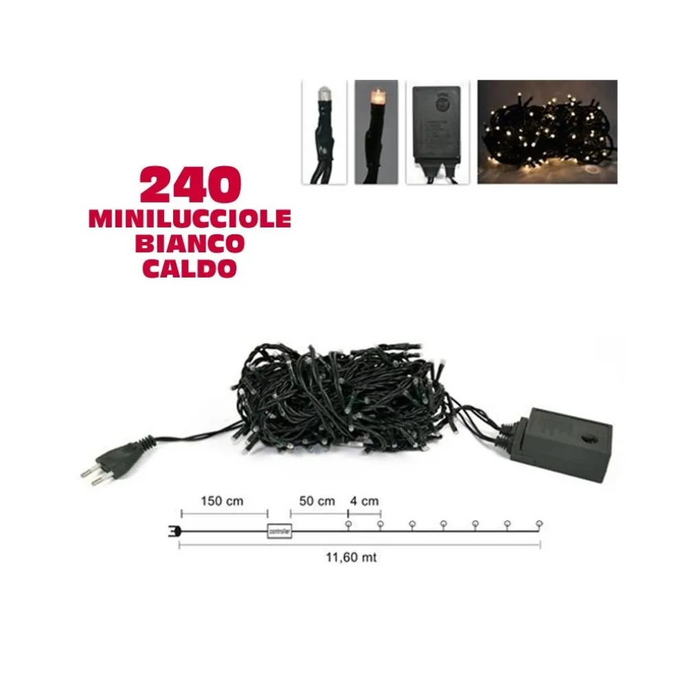 CATENA LUCI MINILUCCIOLE 240 LUCI 3 VIE BIANCO CALDO CON CONTROLLER 8 FUNZIONI