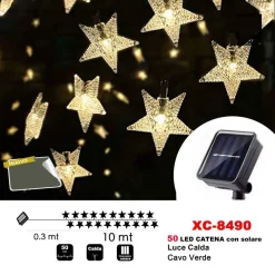 CATENA LUMINOSA 50 LED STELLE LUMINOSE LUCE AD ENERGIA SOLARE LUCE CALDA XC-8490