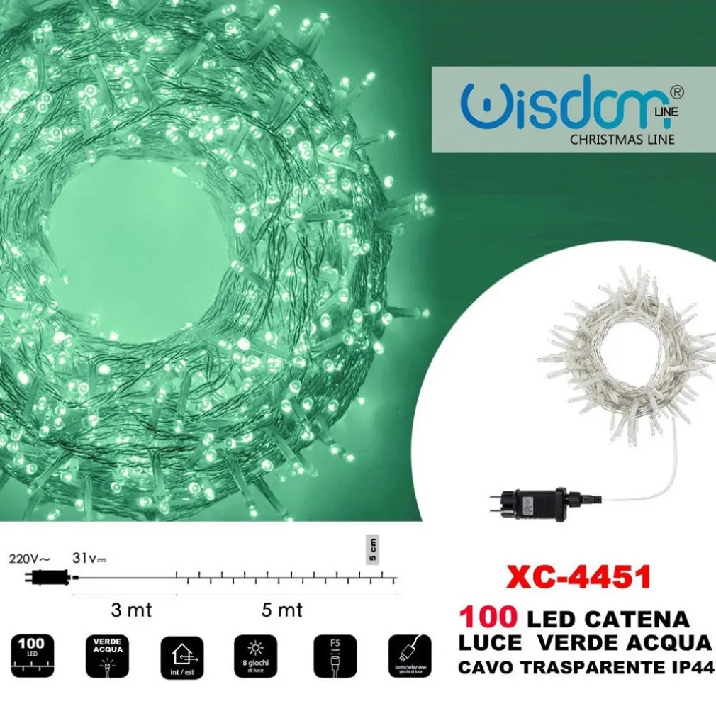 CATENA LUMINOSA 100 LUCI LED LUCCIOLE LUCE VERDE ACQUA CAVO TRASPARENTE XC-4451