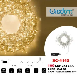 CATENA LUMINOSA 100 LUCI LED LUCCIOLE LUCE CALDA CAVO TRASPARENTE IP44 XC-4142