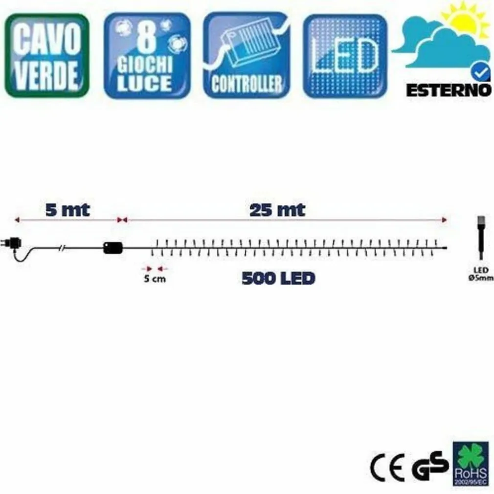 CATENA LUMINOSA 500 LUCI LED LUCCIOLE BIANCO CALDO ROSSO CONTROLLER USO ESTERNO