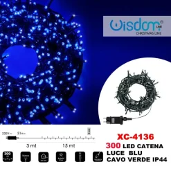CATENA LUMINOSA 300 LUCI LED LUCCIOLE LUCE BLU CAVO VERDE IP44 XC-4136