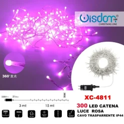 CATENA LUMINOSA 300 LUCI LED LUCCIOLE LUCE ROSA CAVO TRASPARENTE IP44 XC-4811