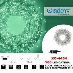 CATENA LUMINOSA 500 LUCI LED LUCCIOLE LUCE VERDE ACQUA CAVO TRASPARENTE XC-4454