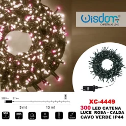 CATENA LUMINOSA 300 LUCI LED LUCCIOLE LUCE ROSA + CALDA CAVO VERDE IP44 XC-4449