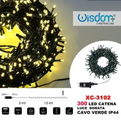 CATENA LUMINOSA 300 LUCI LED LUCCIOLE LUCE DORATA CAVO VERDE IP44 XC-3102