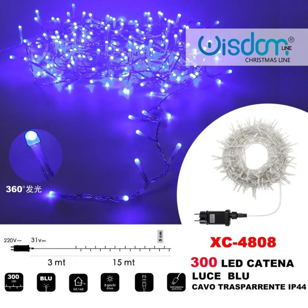 CATENA LUMINOSA 300 LUCI LED LUCCIOLE LUCE BLU CAVO TRASPARENTE IP44 XC-4808