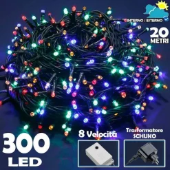 CATENA LUMINOSA 300 LUCI LED LUCCIOLE MULTICOLORE CONTROLLER 8 FUNZIONI ESTERNO