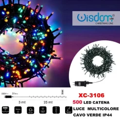 CATENA LUMINOSA 500 LUCI LED LUCCIOLE LUCE MULTICOLORE CAVO VERDE IP44 XC-3106
