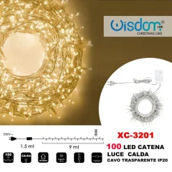 CATENA LUMINOSA 100 LUCI LED LUCCIOLE LUCE CALDA CAVO TRASPARENTE IP20 XC-3201
