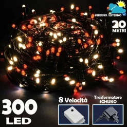 CATENA LUMINOSA 300 LUCI LED LUCCIOLE BIANCO CALDO E ROSSO 8 FUNZIONI PER ESTERNO