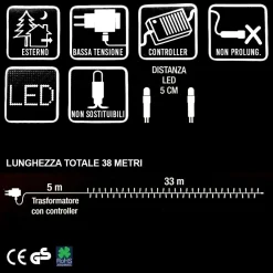 CATENA LUMINOSA 660 LUCI LED LUCCIOLE BIANCO CALDO CON CONTROLLER 8 FUNZIONI