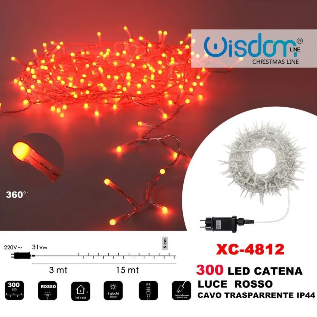 CATENA LUMINOSA 300 LUCI LED LUCCIOLE LUCE ROSSO CAVO TRASPARENTE IP44 XC-4812