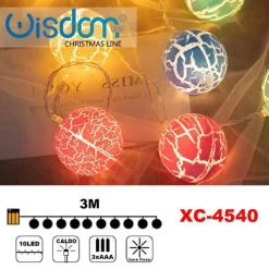 CATENA LUMINOSA CON PALLINE COLORATE 10 LED A BATTERIA LUCE CALDA FISSA XC-4540