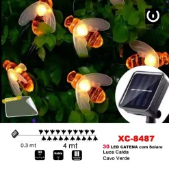 CATENA LUMINOSA 30LED API LUMINOSE RICARICA AD ENERGIA SOLARE LUCE CALDA XC-8487
