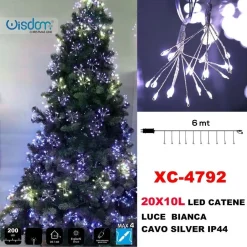 CATENA LUMINOSA 200LED 20X10LUCI CON CIUFFI LUCE BIANCA CAVO SILVER IP44 XC-4792