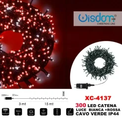 CATENA LUMINOSA 300LUCI LED LUCCIOLE LUCE BIANCA + ROSSA CAVO VERDE IP44 XC-4137