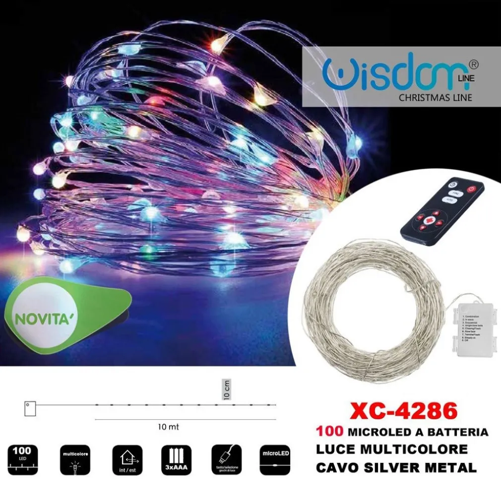 CATENA LUMINOSA 100MICROLED A BATTERIA CAVO SILVER METAL LUCE MULTICOLORE XC-4286