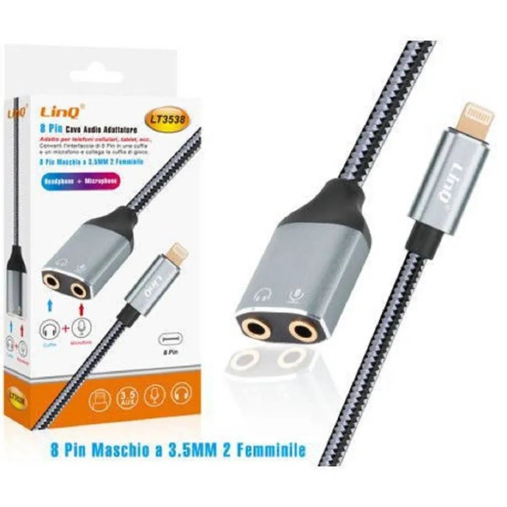 CAVO ADATTATORE AUDIO DA LIGHTNING MASCHIO A 2 JACK 3,5MM FEMMINA CUFFIE MICROFONO LT3538