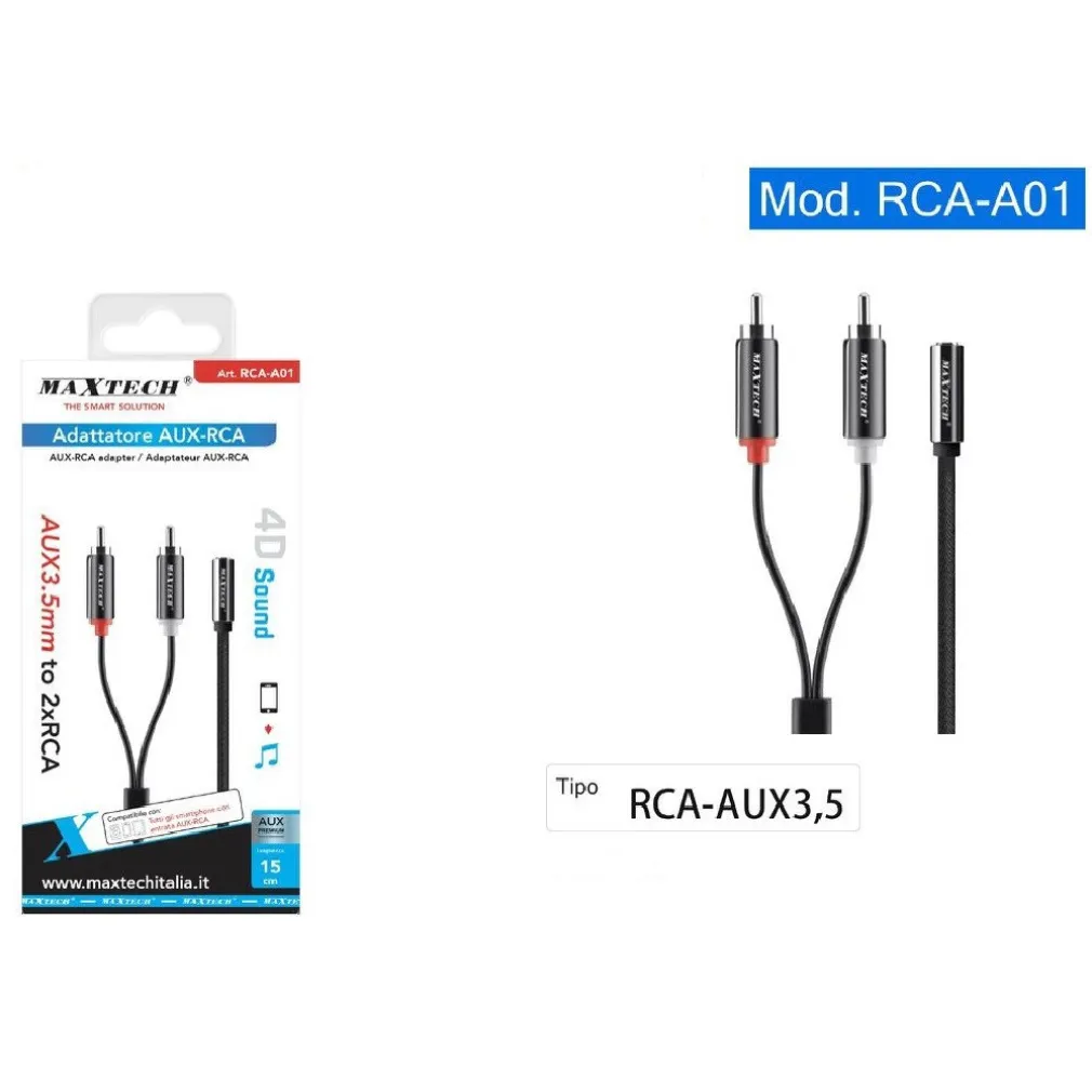 CAVO ADATTATORE AUDIO STEREO AUX JACK 3.5MM FEMMINA A 2XRCA MASCHIO 15CM RCA-A01