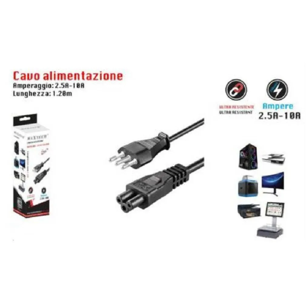 CAVO ALIMENTAZIONE SPINA ITALIANA TRIPOLARE 1,2MT PRESA PC MONITOR F-AL02 MAXTECH