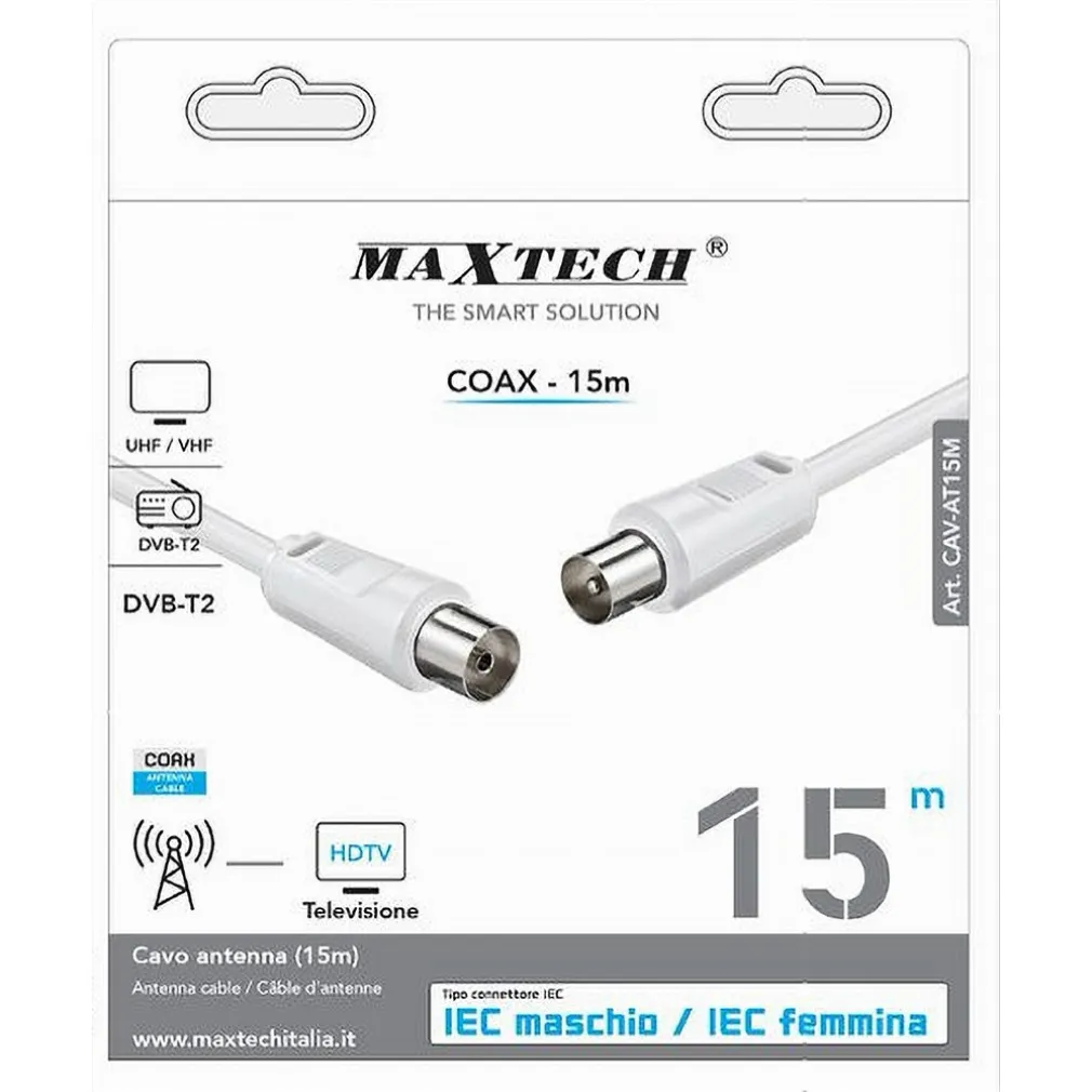 CAVO ANTENNA MASCHIO-FEMMINA COAX 15MT TV HDTV DVB-T2 UHF/VHF PROLUNGA CAV-AT15M