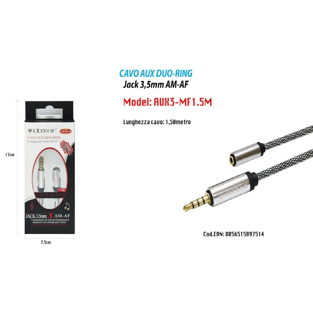 CAVO AUDIO AUX DUO-RING PROLUNGA JACK 3.5MM AM-AF 1.5MT SMARTPHONE MAXTECH AUX3-MF1.5M