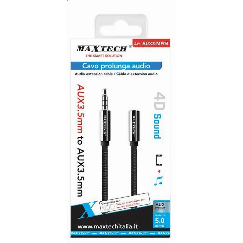 CAVO AUDIO JACK AUX 3,5MM DA MASCHIO A FEMMINA AM / AF DA 5MT PROLUNGA AUX3-MF04
