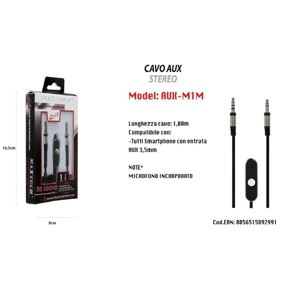 CAVO AUDIO 3,5MM AUX STEREO CON MICROFONO INCORPORATO PER SMARTPHONE 1MT MAXTECH AUX-M1M