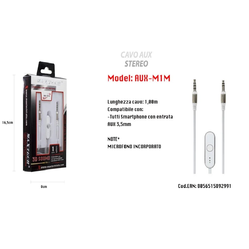 CAVO AUDIO 3,5MM AUX STEREO CON MICROFONO INCORPORATO PER SMARTPHONE 1MT MAXTECH AUX-M1M