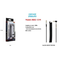 CAVO AUDIO STEREO AUX SPIRALATO 3,5MM ANGOLO RETTO SMARTPHONE 1MT MAXTECH AUX2-S1M