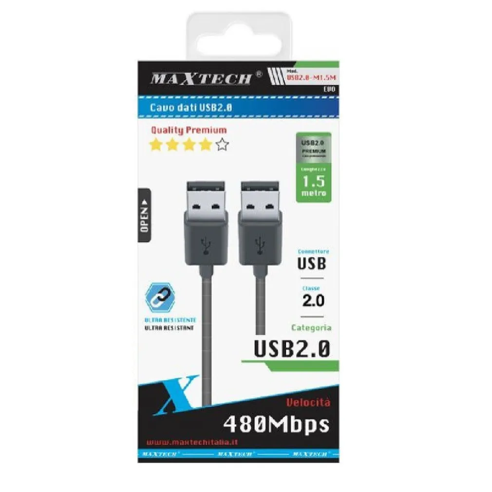 CAVO DATI DOPPIO USB 2.0 MASCHIO - MASCHIO PROLUNGA 1,5 MT 480MBPS USB2.0-M1.5M