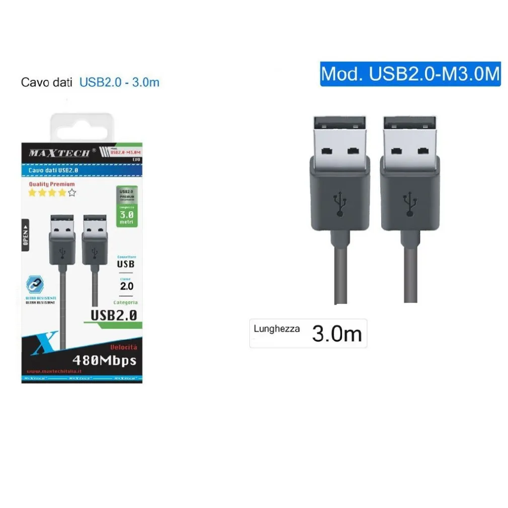 CAVO DATI DOPPIO USB 2.0 MASCHIO - MASCHIO PROLUNGA 3 METRI 480MBPS USB2.0-M3.0M