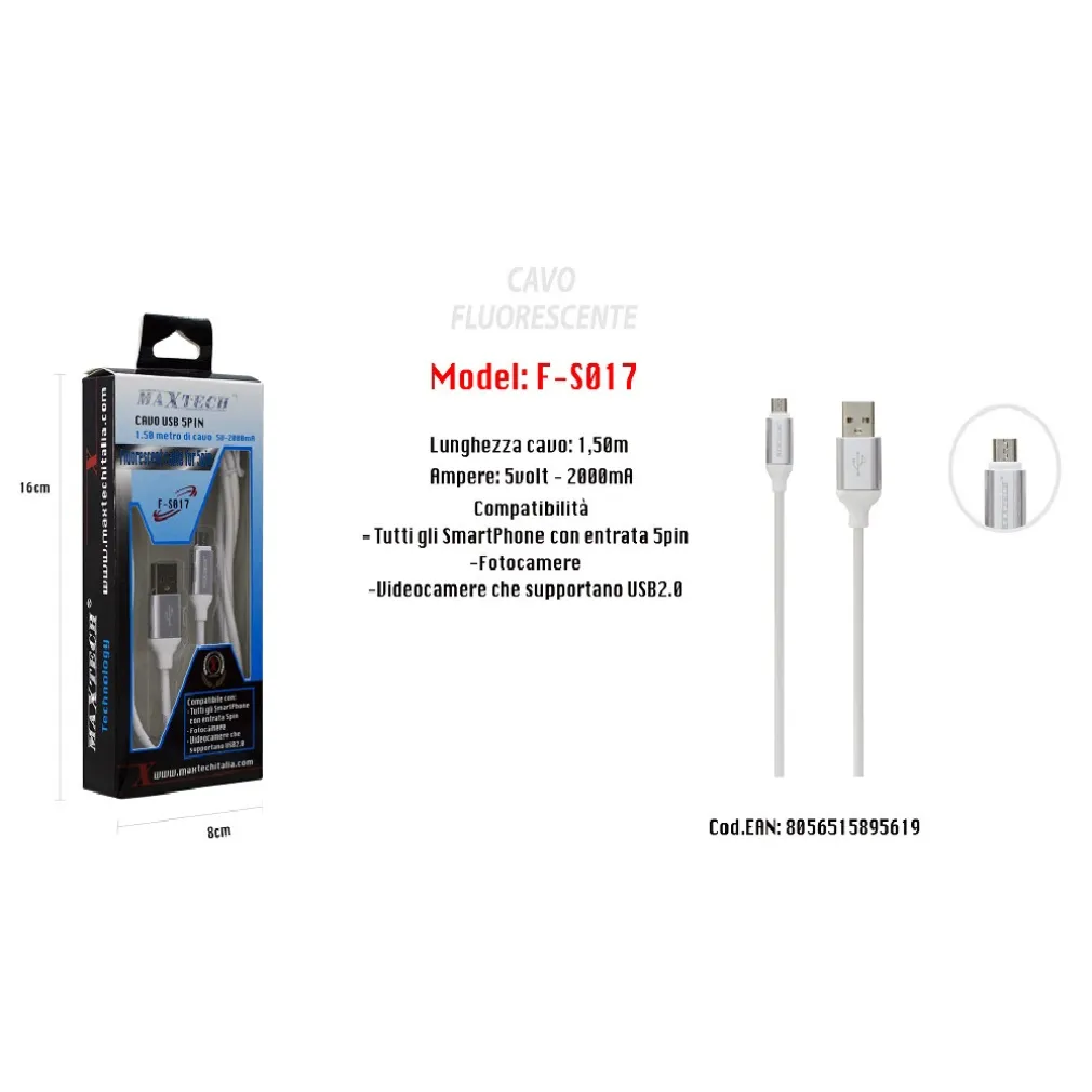 CAVO FLUORESCENTE RICARICA PER SMARTPHONE 5PIN 1,50MT 5VOLT - 2000MA MAXTECH F-S017