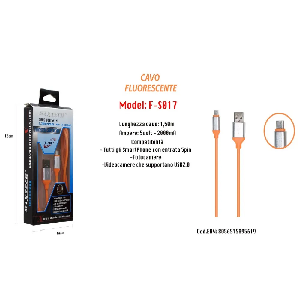 CAVO FLUORESCENTE RICARICA PER SMARTPHONE 5PIN 1,50MT 5VOLT - 2000MA MAXTECH F-S017