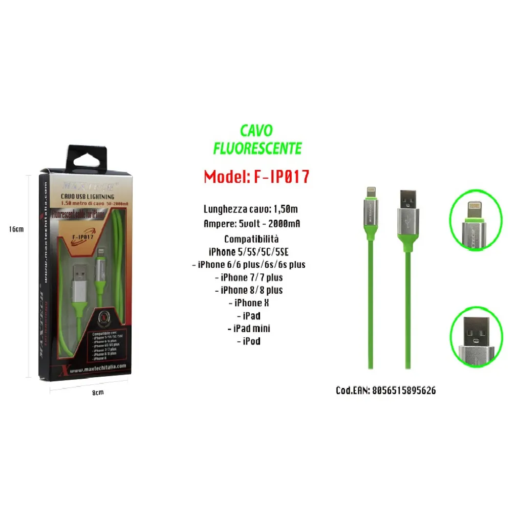 CAVO FLUORESCENTE RICARICA PER IPHONE IPAD IPOD 1,50MT 5VOLT - 2000MA MAXTECH F-IP017