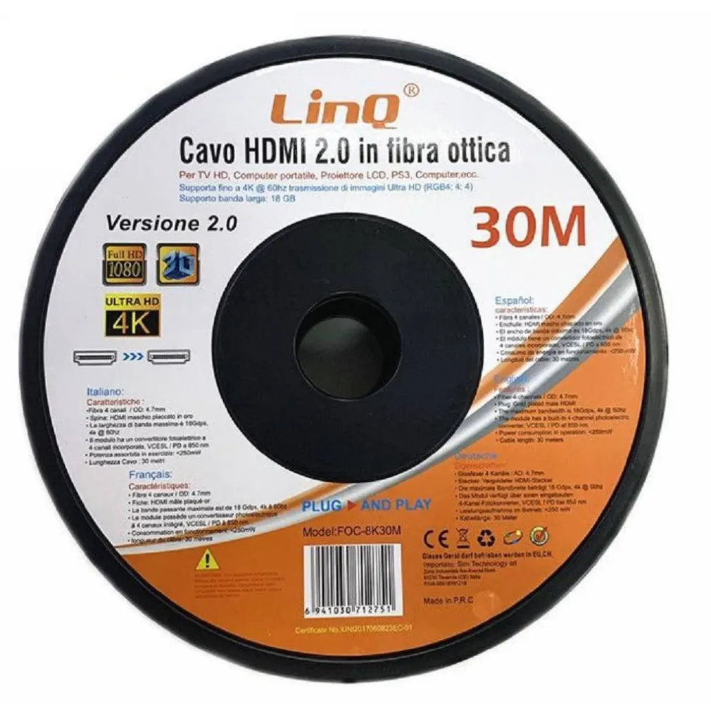 CAVO HDMI IN FIBRA OTTICA ULTRA HD 4K 30 MT TV HD COMPUTER PROIETTORE FOC-8K30M
