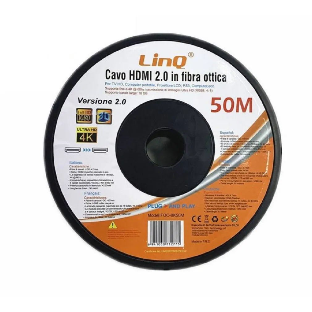 CAVO HDMI IN FIBRA OTTICA ULTRA HD 4K 50MT TV HD COMPUTER PROIETTORE LCD FOC-8K50M