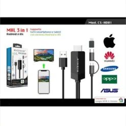 CAVO 3IN1 MHL STREAMING MICRO USB TYPE-C LIGHTNING PER ANDROID IOS MAXTECH CS-HD01