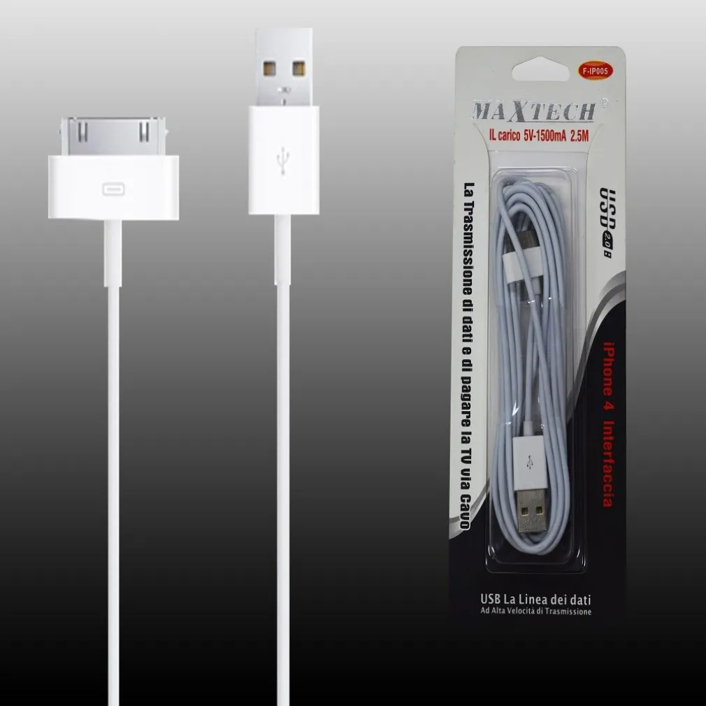 CAVO LIGHTNING APPLE IPHONE 4 DA 30 PIN A USB 5V-1500MA 2.5MT MAXTECH F-IP005