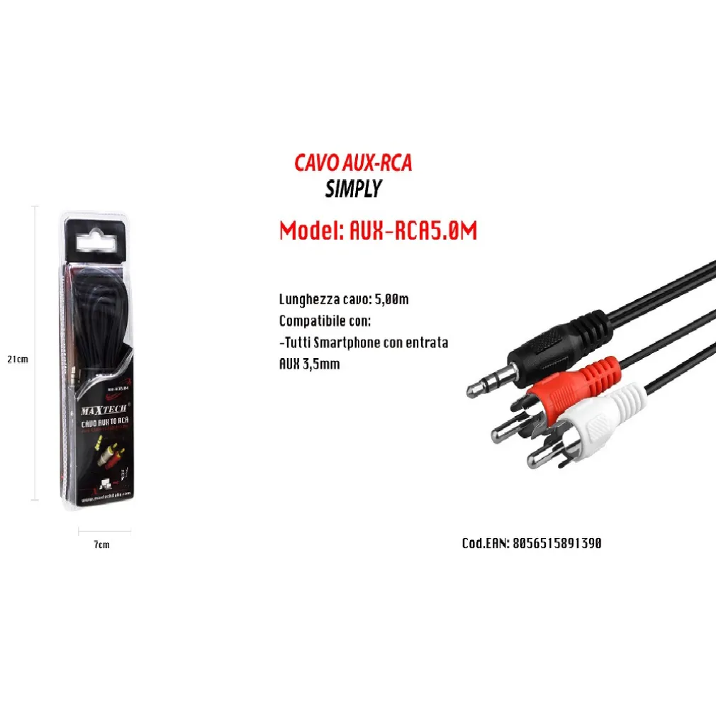 CAVO 5M AUDIO DA JACK 3,5MM AUX A 2 RCA MASCHIO DOPPIO Y STEREO 5 MT AUX-R5.0M