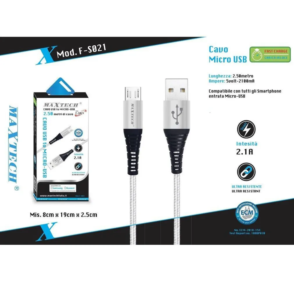 CAVO MICRO USB A USB RICARICA DATI PER SMARTPHONE SAMSUNG HUAWEI MAXTECH F-S021