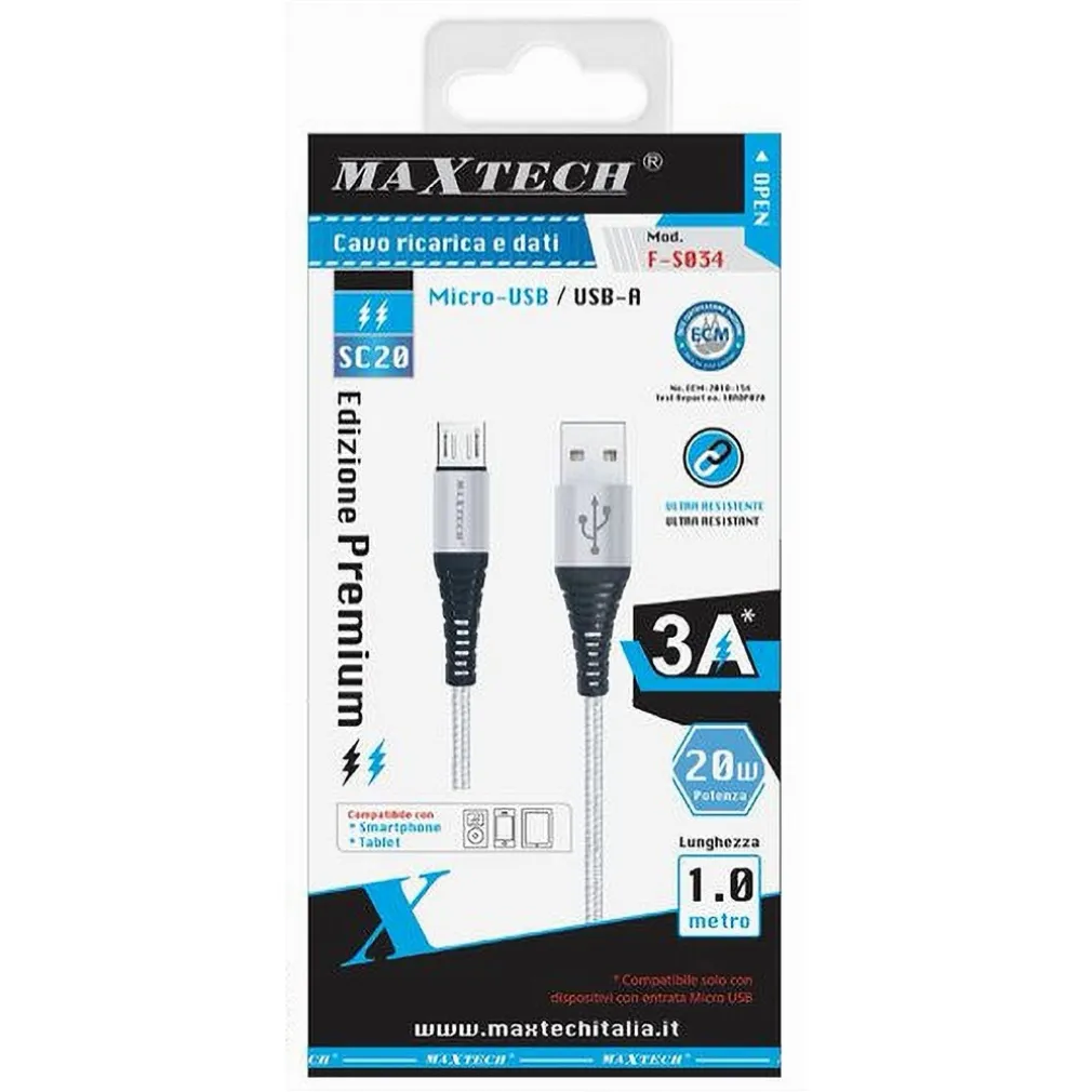 CAVO MICRO USB A USB-A PREMIUM TRASFERIMENTO DATI RICARICA 1MT SMARTPHONE F-S034