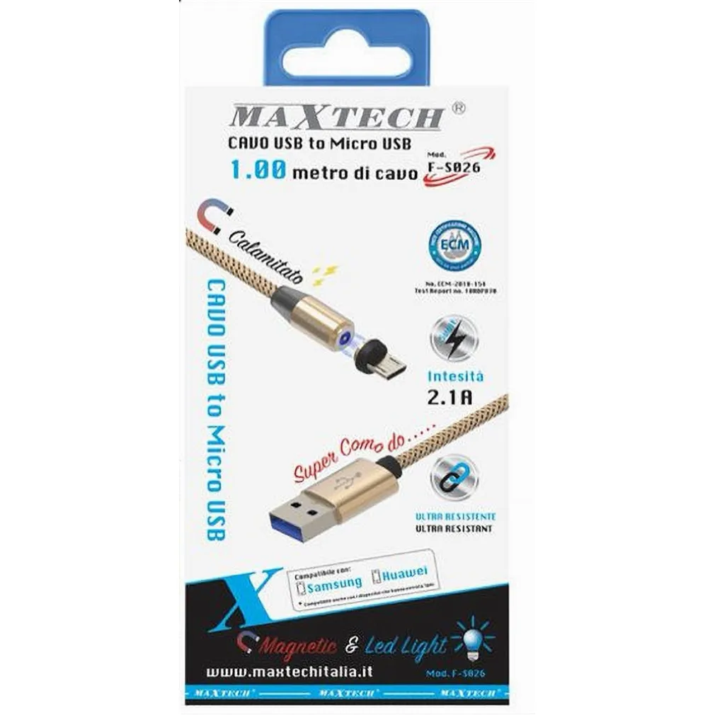 CAVO MICRO USB RICARICA DATI LUCE MAGNETICA LED 1MT PER SMARTPHONE MAXTECH F-S026