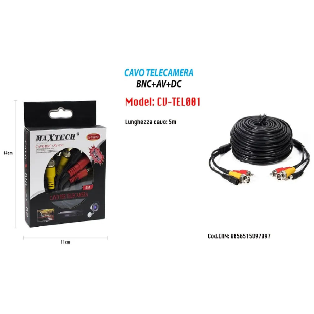 CAVO 5MT PER TELECAMERA COLLEGAMENTO DAL MONITOR ALLA CAMERA MAXTECH CV-TEL001