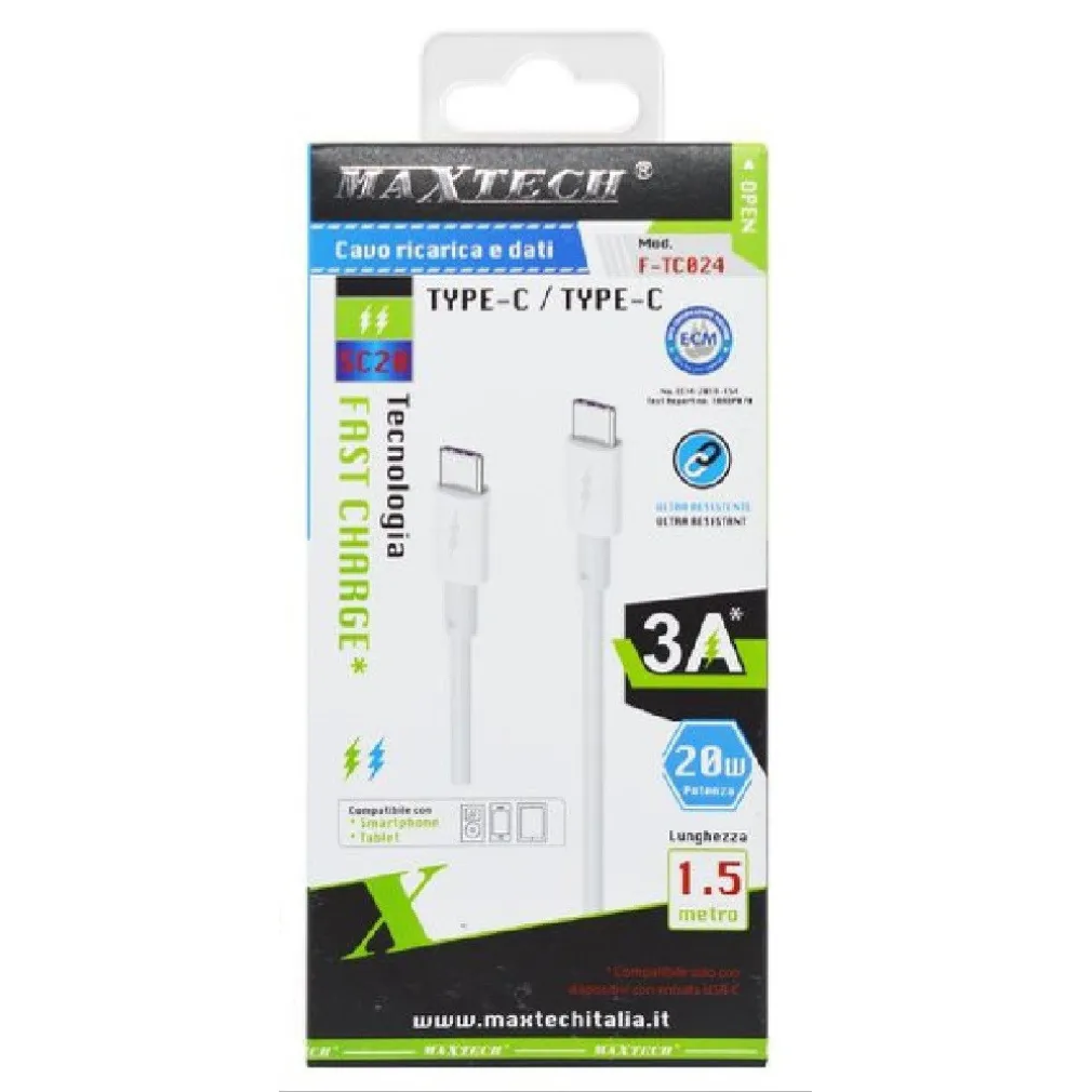 CAVO TYPE C A TYPE-C DATI E RICARICA VELOCE PER SMARTPHONE 1.5 METRI 3A F-TC024