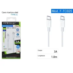CAVO TYPE-C /TYPE-C RICARICA VELOCE 3A 1MT TRASFERIMENTO DATI SMARTPHONE F-TC025